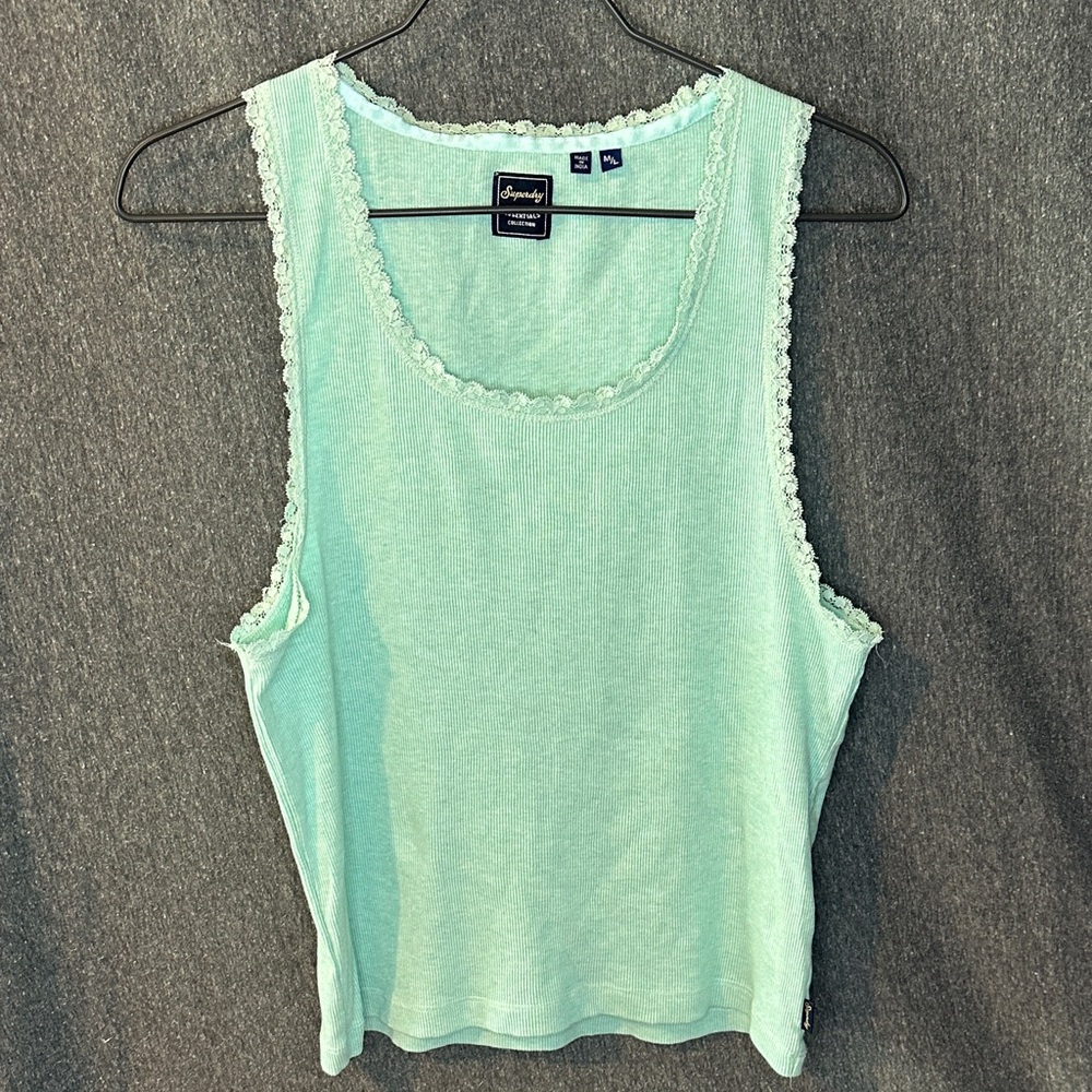 Superdry Mint Green Lace Trim Cotton Blend ribbed Tank Top